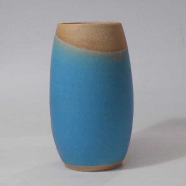 Turquoise Blue Satin Finish Stripe Stoneware Vase by lesley McShea