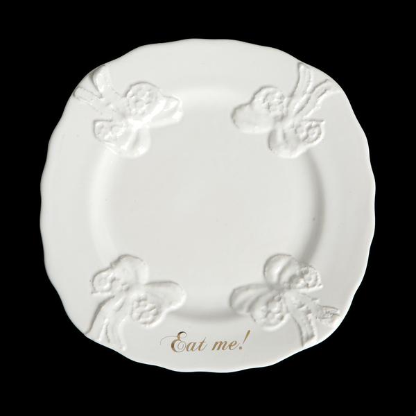 Eat me cake plate by Undergrowth Design with gold lettering