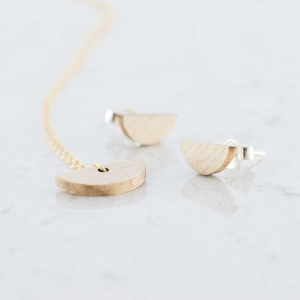 Half Moon Wood Studs & Necklace Set by DEBOSC