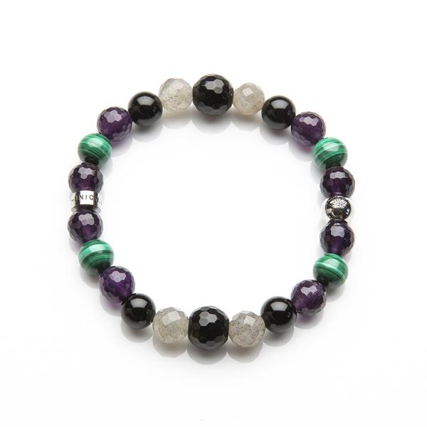 Galactic Guardians Protection bracelet by Cosmic-Union.  Malachite, Amethyst, Black obsidian, Labradorite, Onyx.
