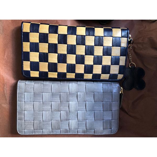 Woven Eel Skin Leather Long Purse by Heidi Mottram - Camel Navy, Grey