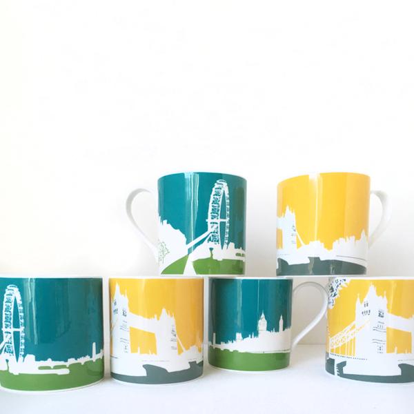Set of 6 large and colourful London Eye and Tower Bridge Mugs by Snowden Flood, Bone China. Yellow, Grey, WHite, Teal, Green