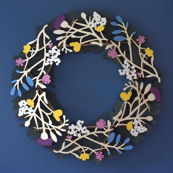 Wildflower Spring Wreath by Gilbert13. White, purple, Blue. Recycled birch plywood. 