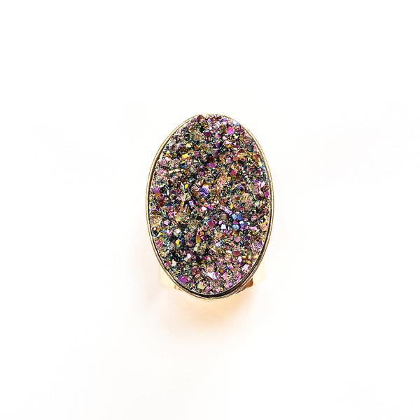 Steffy Rainbow Druzy Cuff ring, crystals, gold. by Tiana Jewel London