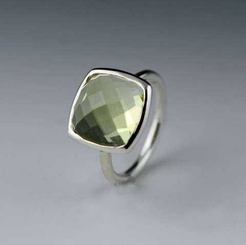 Sterling Silver Halo Ring - Cushion Green Beryl