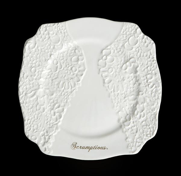 Blaue Blume Lace Cake Plates by Undergrowth Design - Gold Scrumptious wording. earthenware