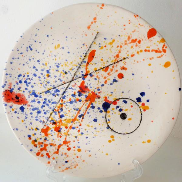 earthenware Ceramic Flow Plate - Multicoloured Splatter with Circle by Julie Hutton Ceramics