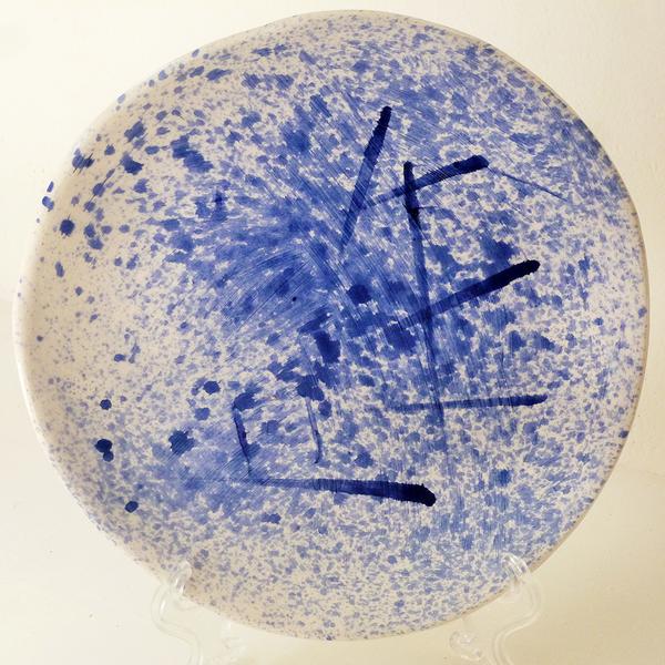 Earthenware Ceramic Flow Plate - Blue Splatter with Line by Julie Hutton Ceramics