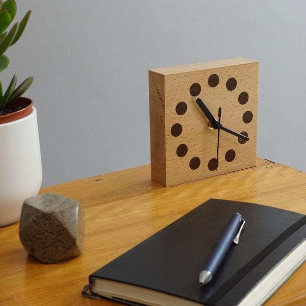 East Design Andrew Cunningham Inlaid Dot blockclock in walnut with beechwood.