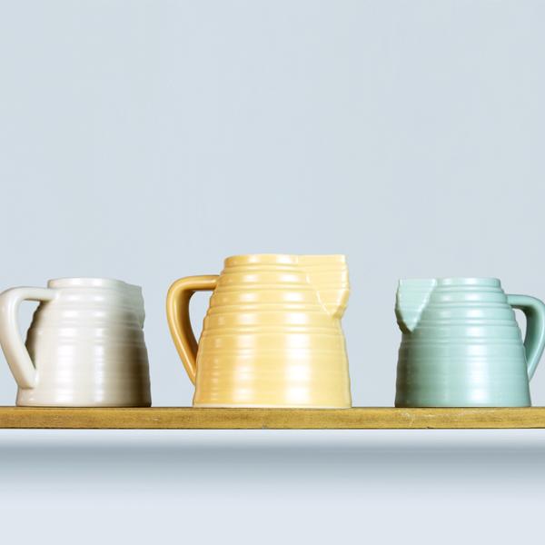 Lathed Small Jug by Harriet Caslin. Porcelain. White, Grey, Green, Rose, Peach